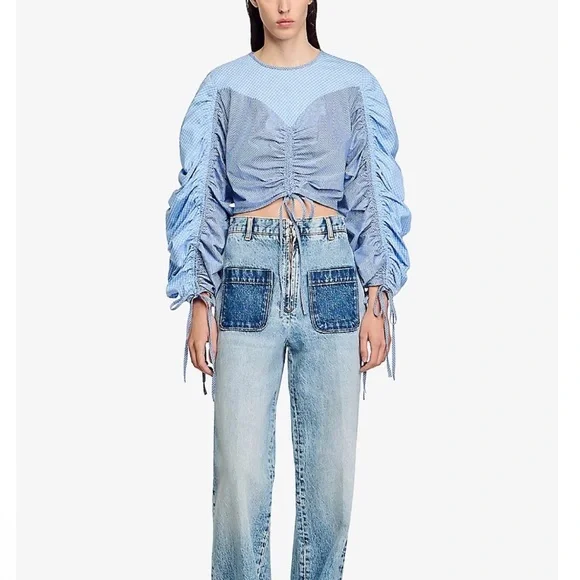 NWT SANDRO Formidable Blue Ruched Stripe Mixed Media Crop Top size 3/large - Picture 1 of 12